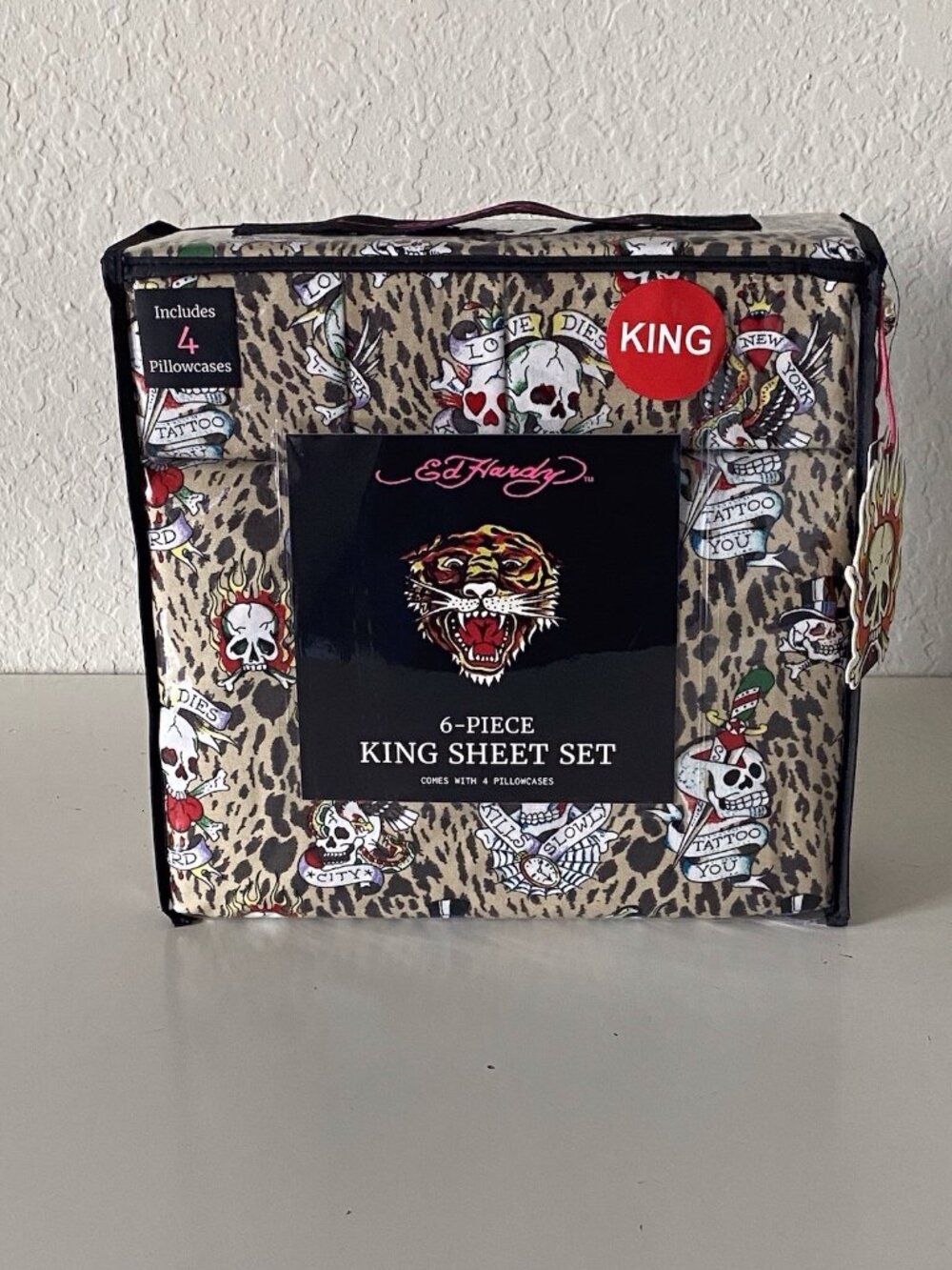 6 PC Ed Hardy KING SIZE Sheet Set Skulls Heart Leopard Animal Print NEW